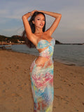 Nukty Women Hollow Out Print Maxi Dress Sexy One Shoulder Sleeveless Backless Bodycon Long Dresses Lady Beach Vocation Vestidos