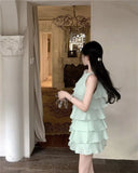 Nukty  Summer Lotus Leaf Splicing Design Dress Elegant Sweet Fashion Off Shoulder Skinny Green Chiffon Vestidos