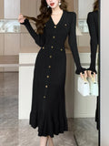 Nukty Solid Knitted Dresses for Women Autumn Single Breasted Chic Flared Sleeve Ruffles Hem Casual Female Office Elegant Robes