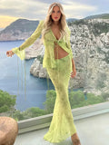 Nukty Y2K Style Two Piece Suit Sexy Front Open Wood Ear Edge Lace-up Printed Top High Waist Long Dress Bikini Cover Ups A2586