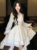Nukty Elegant Off Shoulder Halter Ruffles Mini Dress Women Autumn Solid Fairy Long Sleeve A-Line Pleated Vestidos Mujer Korean Clothes