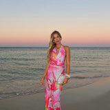 Nukty Elegant Flower Print V-neck Pleated Maxi Dress Women Sexy Backless Sleeveless Slim Robes Casual Vocation Beach Party Vestidos