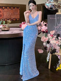 Nukty Women's Sexy Blue Evening Gown Luxury Dresses Slim Backless V-Neck Split Maxi Dress Fashion Robe Birthday Party Spring Autumn
