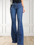 Nukty Women Fashion Plain Button Decor Flare Leg Long Denim Pants Flare Jeans Jeans Ladies High Waist Skinny bottom Wide Leg  Jeans