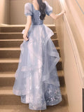 Nukty Customized Fairy Exquisite Square Collar Puff Sleeve Elegant Sleeve Floral Appliques Bow Slim Waist A-line Vestidos Wave Edge Ti