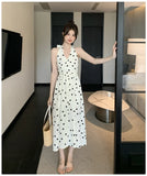 Nukty Dot Chic Retro Elegant French Style Polka Sling Dresses Bow Backless Slim Waist Halter-neck Split Dress Spring Summer New