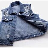 Nukty Denim Women Vest Luxury Pearls Fashion Ripped Autumn Plus Size Jeans Jacket Sleeveless Loose Short Coat Causal Waistcoats
