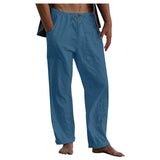 Nukty New Men's Cotton Linen Pants Summer Solid Color Breathable Linen Trousers Summer elastic waist drawstring loose pants