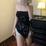 Nukty Star-shaped Rhinestone Slit Crop Top Asymmetric Drawstring Lace-up Strapless Tube Tops for Women y2k Aesthetic Summer Tee