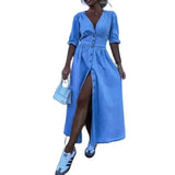 Nukty Women Deep V Neck Single-breasted Cardigan Thin Denim Dresses Lace-up Half Sleeve Dress Casual Fashion Female High Waist Gown