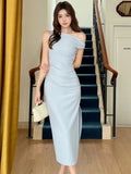 Nukty Elegant Solid Bodycon Evening Party Dresses Fashion Diagonal Collar Off Shoulder Prom Vestidos Summer Korean Female Clothing New