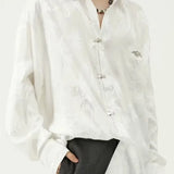 Nukty New Chinese Style Dragon Pattern Jacquard Silk Shirt For Men Casual Metal Buckle Dull Black Aesthetic Neutral Loose-fit Shirt