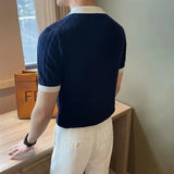 Nukty Men's Knit Short Sleeve Polo Shirt Casual Soft Supple High-end Feel Round Neck Loose-fit Top Japanese Style Solid Color