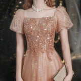Nukty Elegant Party Dress Square Collar Short Sleeve Slim Banquet Dresses Women Sexy Backless Evening Dress Gold Puffed Sleeve
