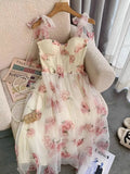 Summer White Mesh Fairy Dress Woman French Vintage Floral Print Princess Prom Dresses For Women Beach Holiday Maxi Dresses
