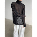 Nukty Sexy Perspective High-neck Long Sleeve T Shirt Men Women Net Yarn Bottoming Shirt Spring Summer Transparent Black Tee Shirts
