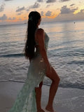 Nukty Women Fashion Irregular Ruffles Hem Long Dress Sexy High Split V-neck Backless Maxi Dresses Summer Vocation Beach Party Vestidos