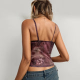 Nukty Vintage Red Mesh Floral Print Crop Top Y2k Retro Sleeveless Skinny Camis Women Casual Chic Summer Holiday Tees Streetwear