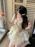 Nukty Kroean Y2K Yellow Preppy Style Cake Dress Puff Sleeves Mesh Ball Gown Ruffles Mini Woman Dresses Abend Kleider Spring Summer New
