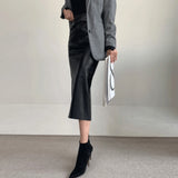 Nukty Elegant Fashion Faux Leather PU Skirts Women Clubwear Party Office Lady High Waist Midi Skirts Bodycon Wrap Hips Bottom Clothes