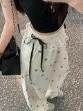 Nukty Fashion Lace Patchwork Women Casual Pants Summer Loose Preppy Bow Print Jogging Pants High Waist All Match Straight Trousers