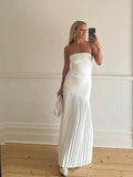 Nukty Women Solid Pleated  Hem Patchwork Long Dress Fashion Backless Strapless Sleeveless Slim Maxi Dresses Sexy Vocation Streetwear