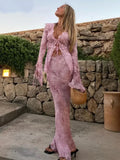 Nukty Y2K Style Two Piece Suit Sexy Front Open Wood Ear Edge Lace-up Printed Top High Waist Long Dress Bikini Cover Ups A2586