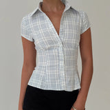 Nukty  Women's Y2K Short Sleeve Plaid Button Down Shirt Button Down Blouses Tops Casual Summer Shirt Tops 90s Streetwear