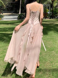 Nukty Women's Summer Elegant Backless Long Dresses New Fashion Spaghetti Strap Evening Party Prom Split Bandage Ruffled Sexy Dress