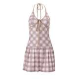 Nukty Fashion Plaid Halter Dress Y2K Women High-waist Lace-up V-Neck Sleeveless Mini Dresses Sexy Summer Party Club Vestidos