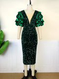 Nukty Women Shiny Sequin Dresses Velvet Christmas Bodycon Sexy Deep V Neck Puff Sleeve Vintage Tight Midi Sparkly Cocktail Club