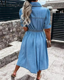 Nukty Vintage Single-breasted Cardigan Dresses Women Chest Double Pocket Decoration Denim Dressy Female Elegant Comfortable Slim Gown