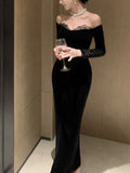 Nukty Sexy Bodycon Long Dresses for Women Autumn Evening Party Prom Robe Wedding Velvet Dress Lace Patchwork Slash Neck Slim Vestidos