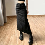 Nukty Women Midi Skirts Goth Dark Grunge Casual Tag Split Mall Gothic Punk High Raise Slim Long Skirt Y2k Sexy Fashion Streetwear