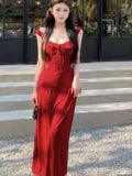 Nukty Sexy Korean Chic Ruffles Midi Dress Red Elegant Lace-up Backless Slim Wasit Flying Sleeves Women's Dress Basics Office Lady New