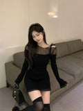 Nukty Sexy Mini Lace Dress Women Off Shoulder Bandage Ladies Dresses Patchwork Mesh Ruffles Slim Stretch Elegant Knit Vestidos