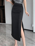 Nukty High Waist Side Split Women's Office Wrap Skirts New Spring Summer Korean Solid Pleated Straight Midi Black Skirts Ladies