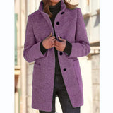 Nukty Women Vintage Solid Color Stand-up Collar Tweed Jacket Autumn Winter Warm Commuter Outerwear Single-breasted Cardigan Long Coat