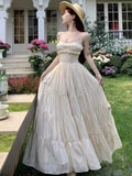 Nukty Elegant Fairy Chic Pleated Dresses Korean Patchwork Slim Waist A Line Sling Dress Women Princess Evening Vestidos Female Robe