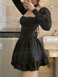 Nukty Black Vintage 3 Piece Skirt Set Women Sexy Lolita Y2k Mini Skirt Suit Female Casual Korean Fashion Long Sleeve Retro Set