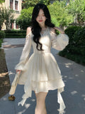 Nukty Elegant Off Shoulder Halter Ruffles Mini Dress Women Autumn Solid Fairy Long Sleeve A-Line Pleated Vestidos Mujer Korean Clothes