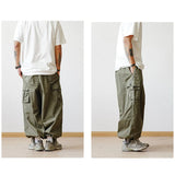 Nukty Multi-Pocket Cargo Pants Men's Casual Solid Colour Straight Pants Baggy Wide-leg Cropped Pants Men Ankle-length Pants