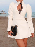 Nukty Elegant Black Lace-up Puff Sleeve Mini Dress Women Fashion Stand Collar High Waist A-line Dresses Autumn New Street Partywear