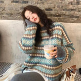 Nukty Fair Isle Sweater Argyle Oversized Crew Neck Pullovers Women Knit Jumper Autumn Winter Vintage Outfit