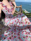 Nukty French Print Ruffles Princess Romantic Fairy Women's Dresses V-Neck Sleeeless Slim Wasit Length Dress Beach Vacation Summer
