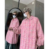 Nukty Autumn Fashion Men Women Plaid Shirts Oversize Button Up Long Sleeve Tops Korean Loose Casual Outwear Couples Shirt Pink/Blue