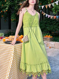 Nukty Summer Green Bohemain Patchwork Vintage Sling Dresses For Woman V-Neck Sleeveless Hollowed Style Dress Travel Beach New