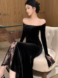 Nukty Women's Sexy Black Velvet Dress Elegant Chic Off Shoulder Lace Split Evening Party Dresses Autumn Female Bodycon Vestidos Mujer