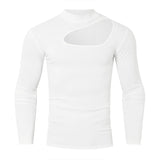 Nukty Autumn Clothing Men's Bodysuits Hollow Out Turtleneck Long Sleeve T Shirt Streetwear Sexy Solid Color Ripped Fashion Basic Shirt