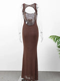 Nukty Elegant Bead Mesh Patchwork Long Dress For Women Backless O-neck Sleeveless Slim Robes Shiny Party Club Sexy Dresses